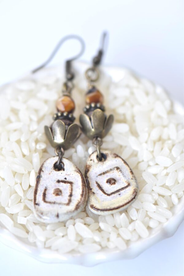 Rustic Earrings with Bead Accents, Handmade Ceramic Jewelry, Boho Drop Earrings,  Handmade Birthday Gift, Lightweight Earrings