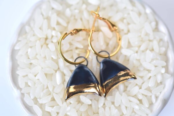Black Porcelain Drop Earrings, Handmade Ceramic Earrings, Porcelain Earrings, Gold Accented Earrings,  Artisan Earrings, Birthday Gift