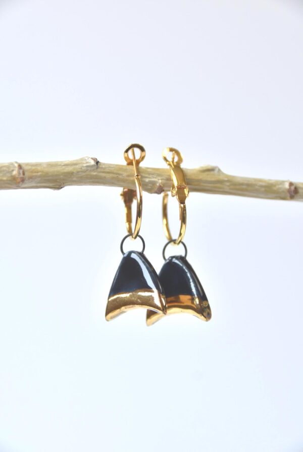 Black Porcelain Drop Earrings, Handmade Ceramic Earrings, Porcelain Earrings, Gold Accented Earrings,  Artisan Earrings, Birthday Gift - Image 2