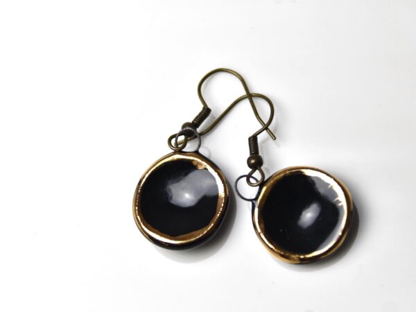 Black Porcelain Drop Earrings, Minimalist Earrings, Porcelain Earrings, Gold Accented Earrings, Statement Earrings, Handmade Jewelry - Image 2
