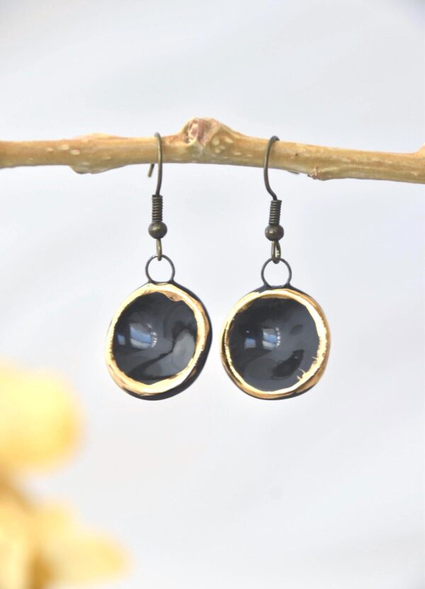 Black Porcelain Drop Earrings, Minimalist Earrings, Porcelain Earrings, Gold Accented Earrings, Statement Earrings, Handmade Jewelry - Image 3