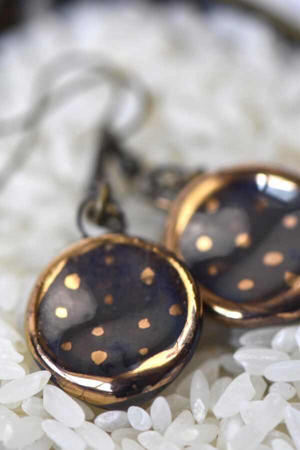 Black Porcelain Drop Earrings, Handmade Ceramic Earrings, Porcelain Earrings, Gold Accented Earrings,  Artisan Earrings, Handmade Jewelry - Image 3